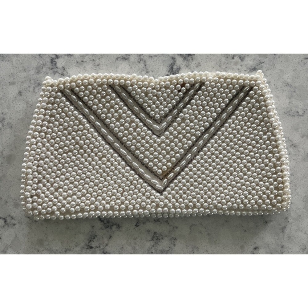 RARE Vintage Pearl Beaded Clutch Silver Arrows Handmade In Japan Great Condition